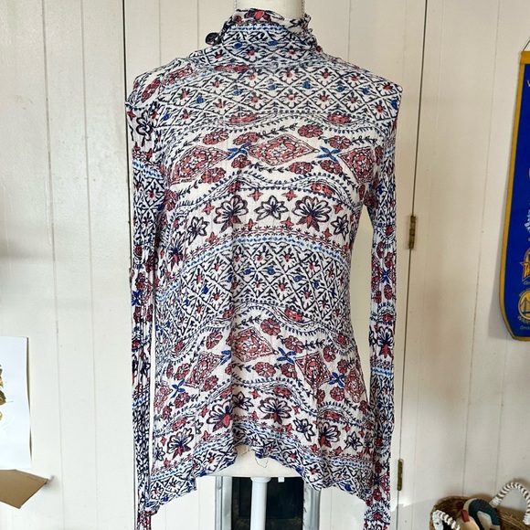 Lucky Brand Floral Long Sleeve Turtle Neck Shirt Large Blue White Boho - Picture 3 of 9